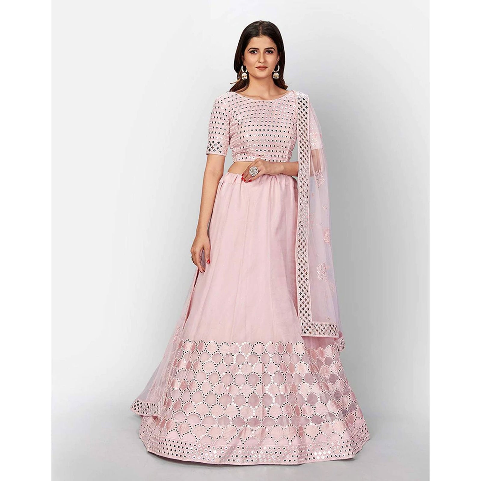 Baby Pink Thread and Foil Mirror Cutwork Lehenga choli ClothsVilla