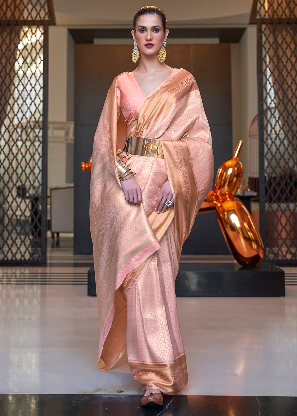Pink Orange Woven Soft Silk Saree Secondary image