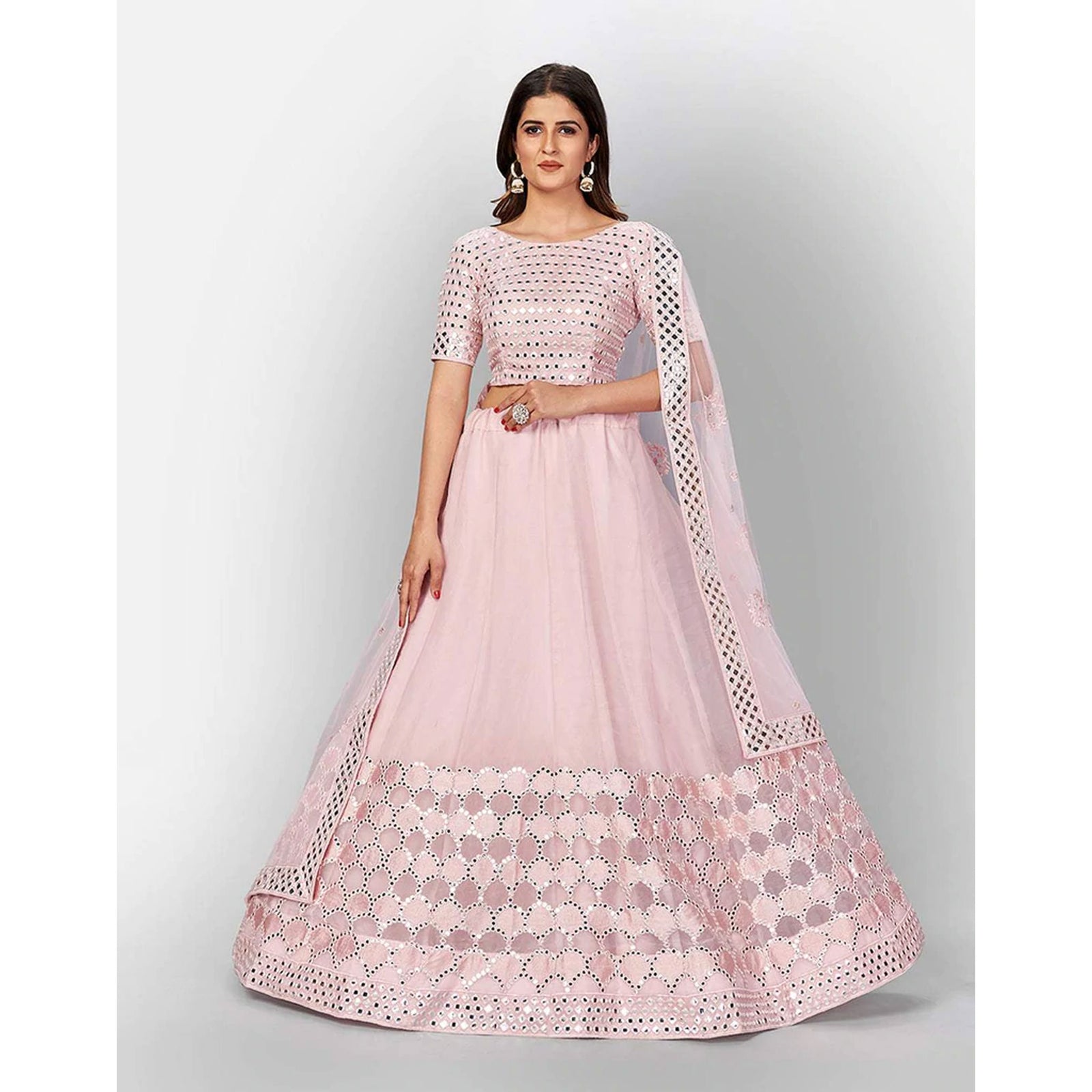 Baby Pink Thread and Foil Mirror Cutwork Lehenga choli ClothsVilla