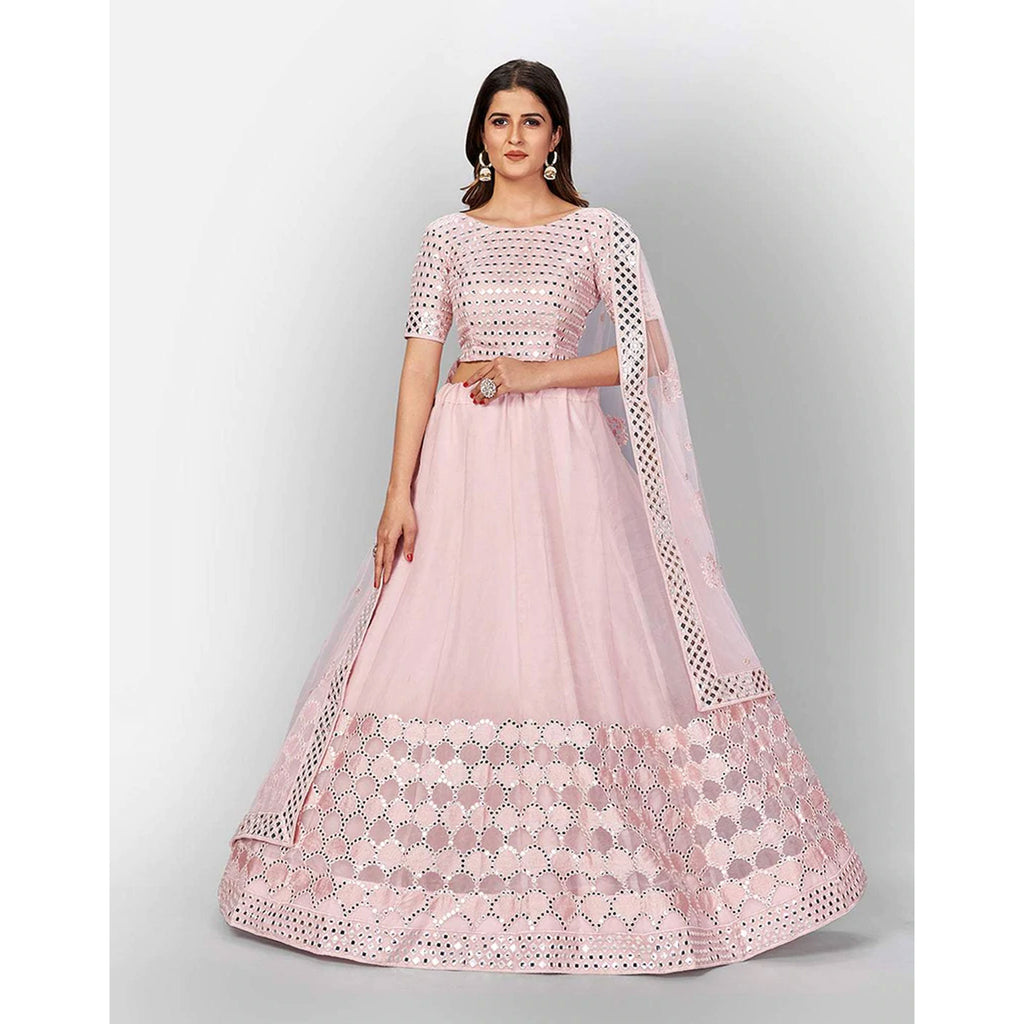 Baby Pink Thread and Foil Mirror Cutwork Lehenga choli ClothsVilla
