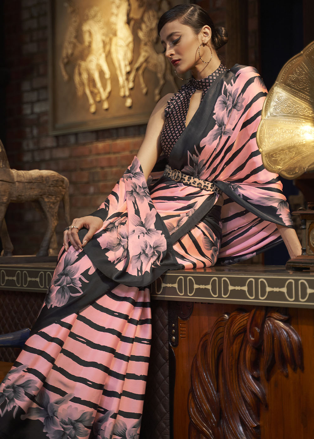Mauvelous Pink Designer Satin Crepe Printed Saree Clothsvilla