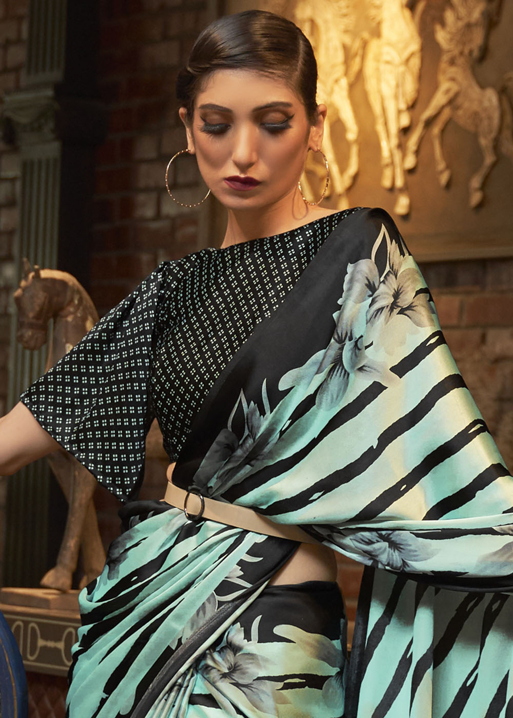 Aqua Blue Designer Satin Crepe Printed Saree Clothsvilla