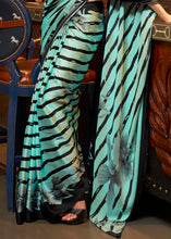 Load image into Gallery viewer, Aqua Blue Designer Satin Crepe Printed Saree Clothsvilla