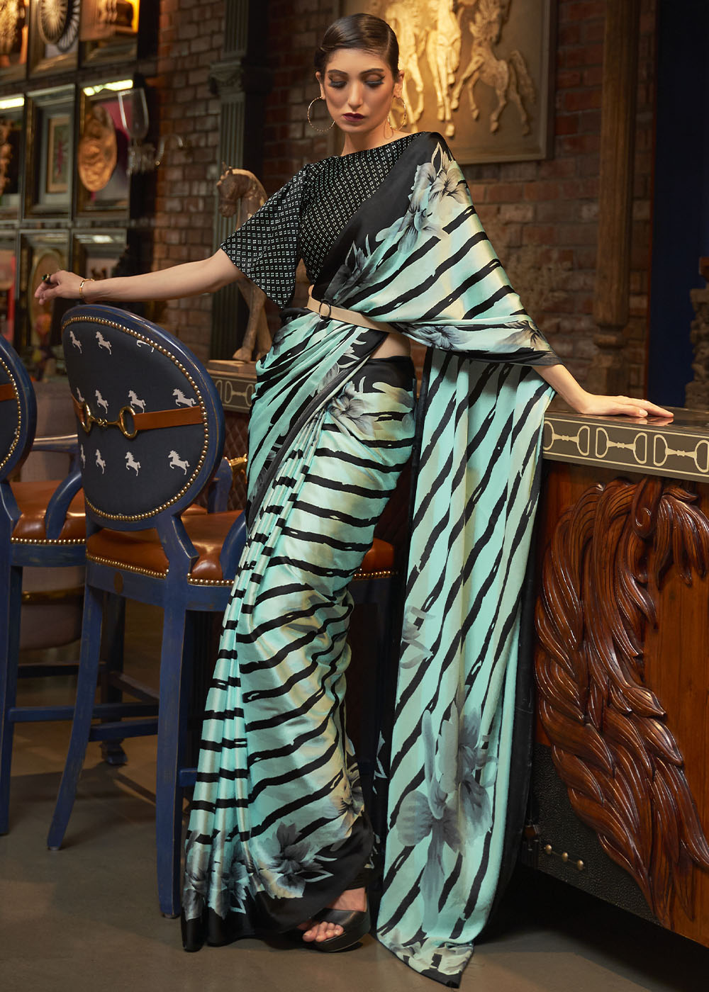 Aqua Blue Designer Satin Crepe Printed Saree Clothsvilla