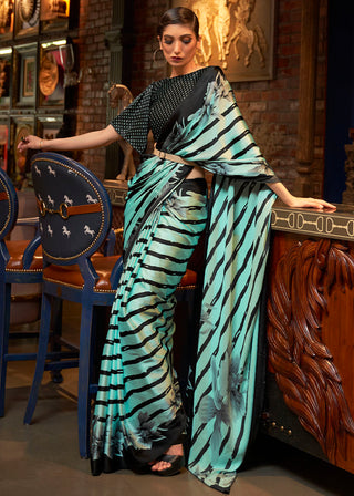 Aqua Blue Designer Satin Crepe Printed Saree Clothsvilla