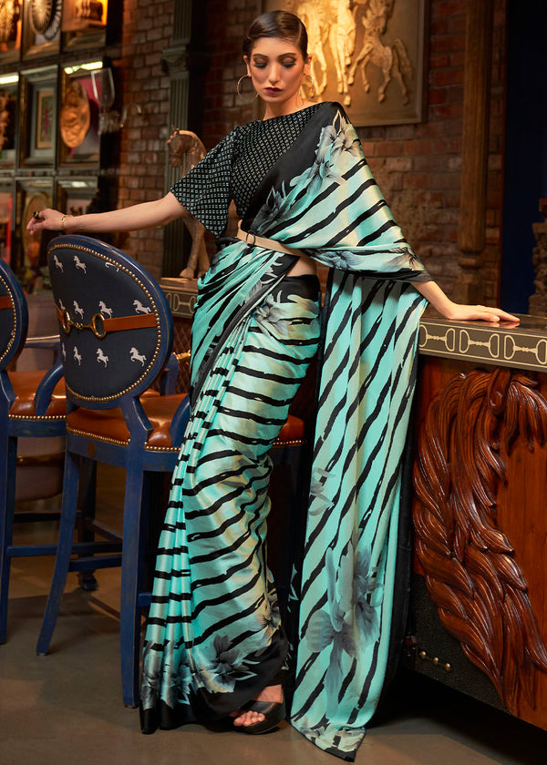 Aqua Blue Designer Satin Crepe Printed Saree Clothsvilla