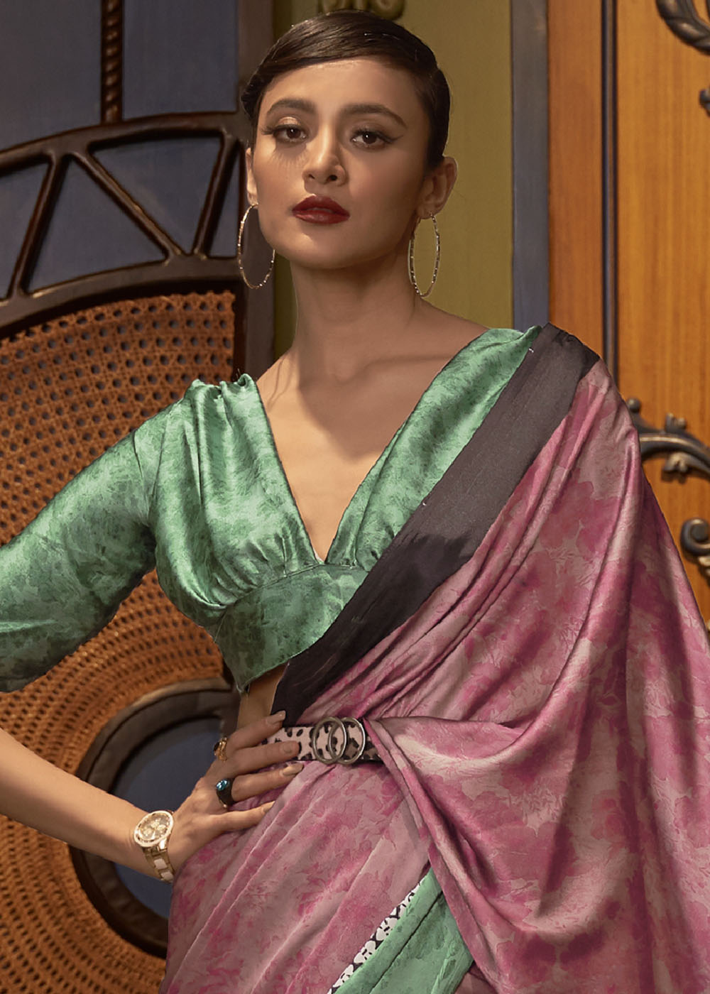 Green & Pink Designer Satin Crepe Printed Saree Clothsvilla