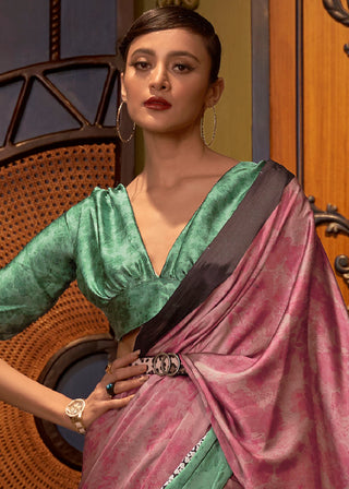 Green & Pink Designer Satin Crepe Printed Saree Clothsvilla