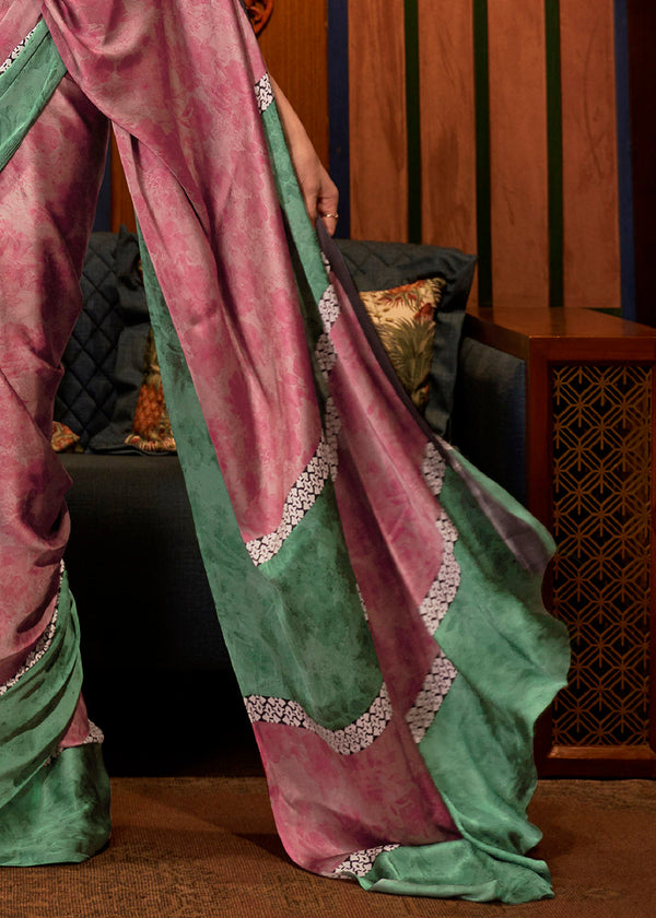 Green & Pink Designer Satin Crepe Printed Saree Clothsvilla
