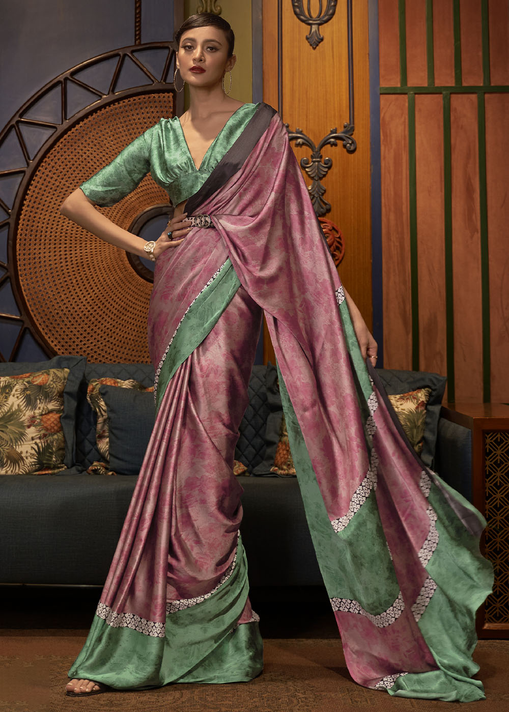 Green & Pink Designer Satin Crepe Printed Saree Clothsvilla