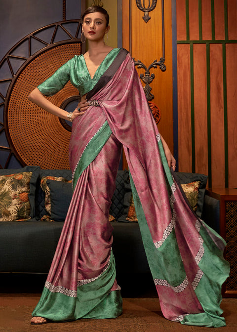 Green & Pink Designer Satin Crepe Printed Saree Clothsvilla Main image