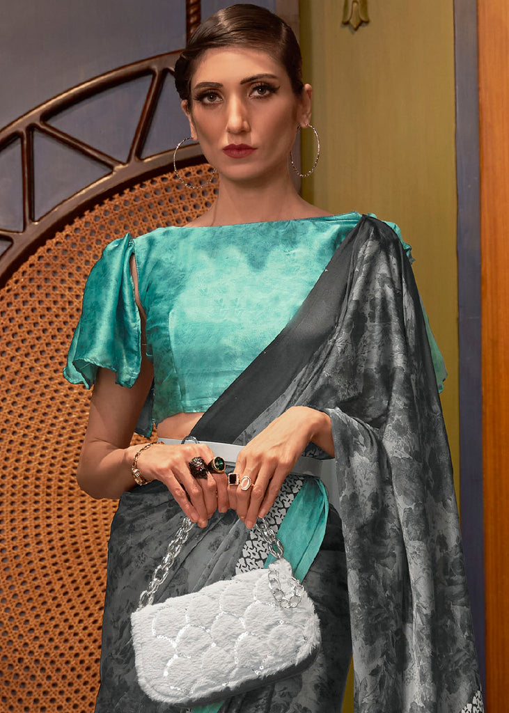 Grey & Blue Designer Satin Crepe Printed Saree Clothsvilla