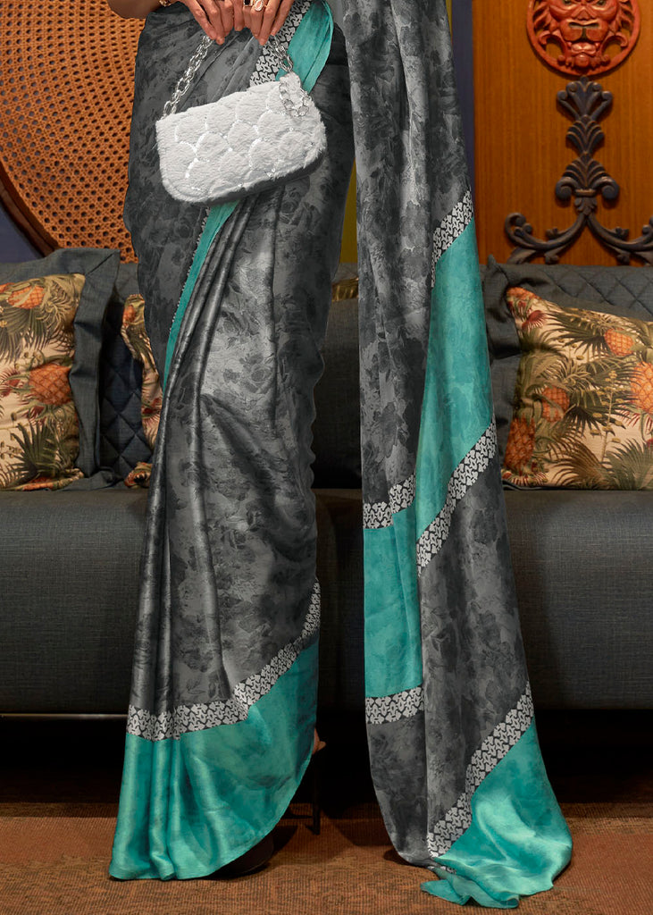 Grey & Blue Designer Satin Crepe Printed Saree Clothsvilla