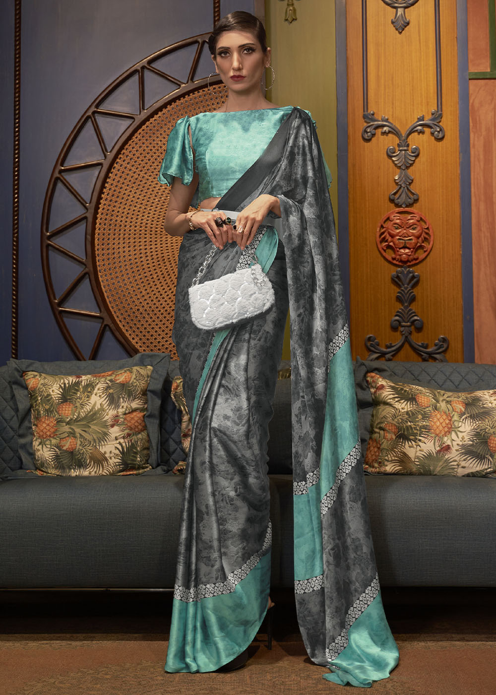 Grey & Blue Designer Satin Crepe Printed Saree Clothsvilla