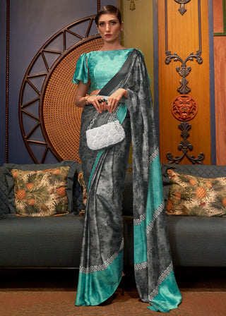 Grey & Blue Designer Satin Crepe Printed Saree Clothsvilla