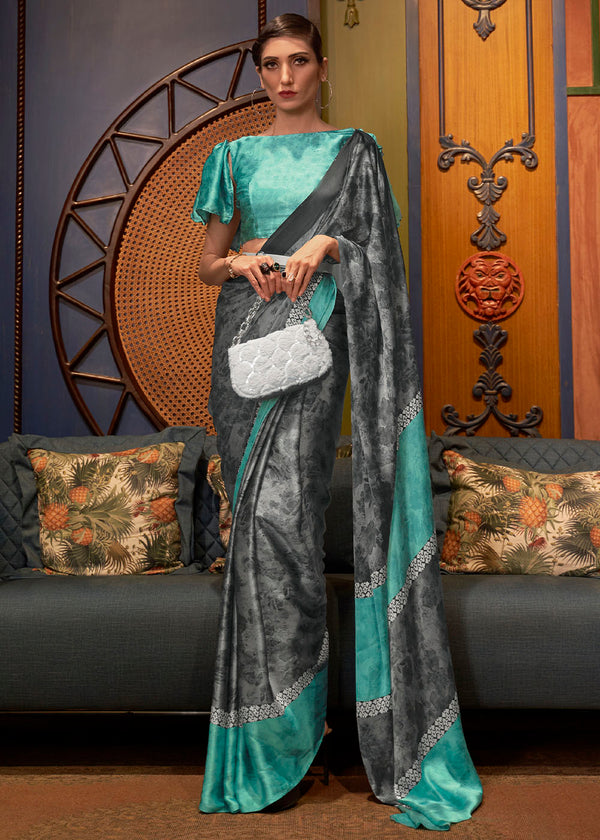 Grey & Blue Designer Satin Crepe Printed Saree Clothsvilla