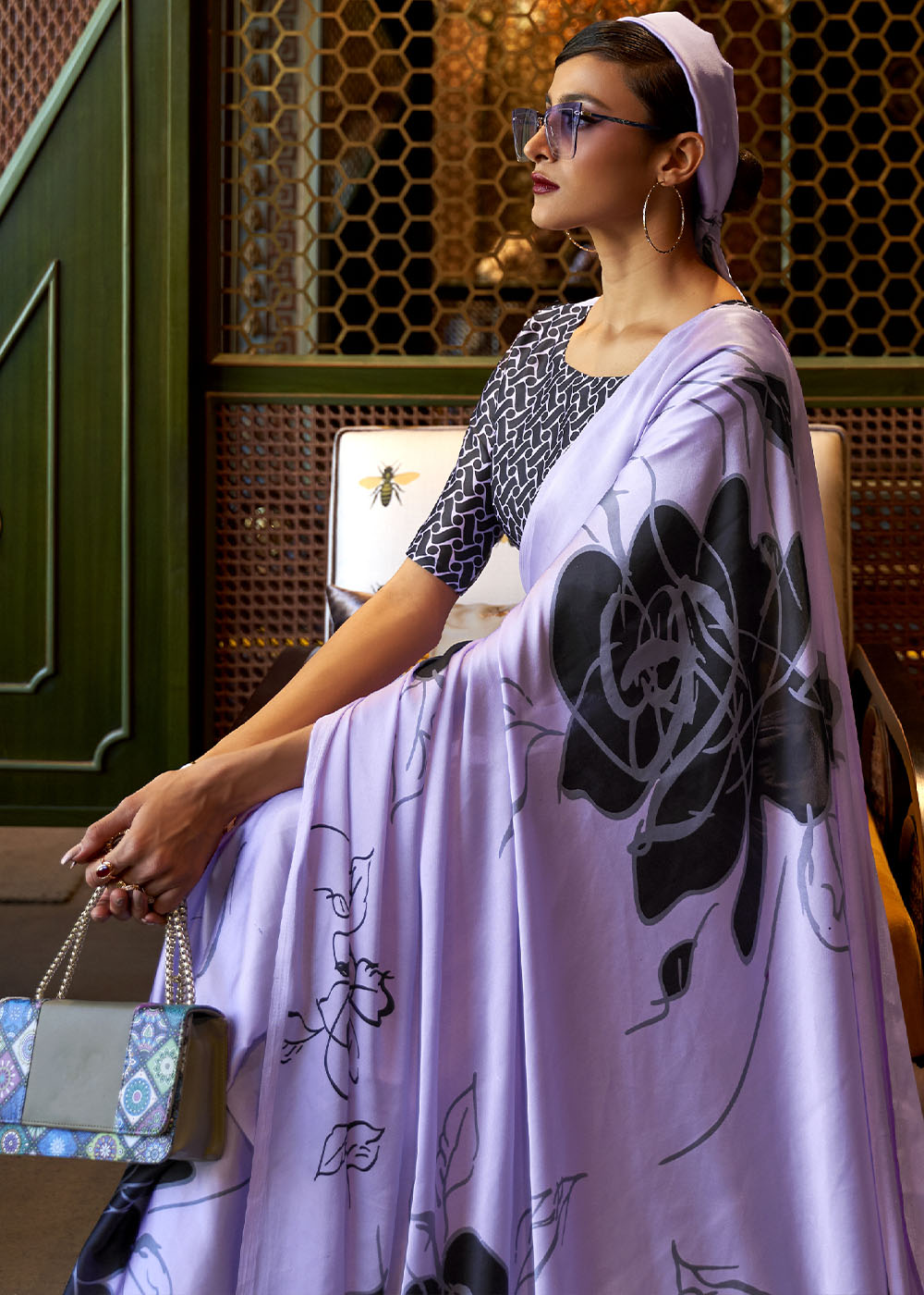 Heliotrope Purple Designer Satin Crepe Printed Saree Clothsvilla