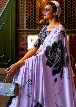Heliotrope Purple Designer Satin Crepe Printed Saree Clothsvilla