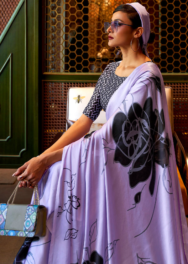 Heliotrope Purple Designer Satin Crepe Printed Saree Clothsvilla