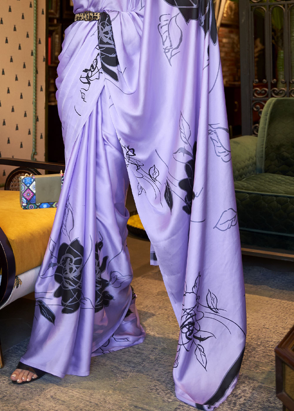 Heliotrope Purple Designer Satin Crepe Printed Saree Clothsvilla