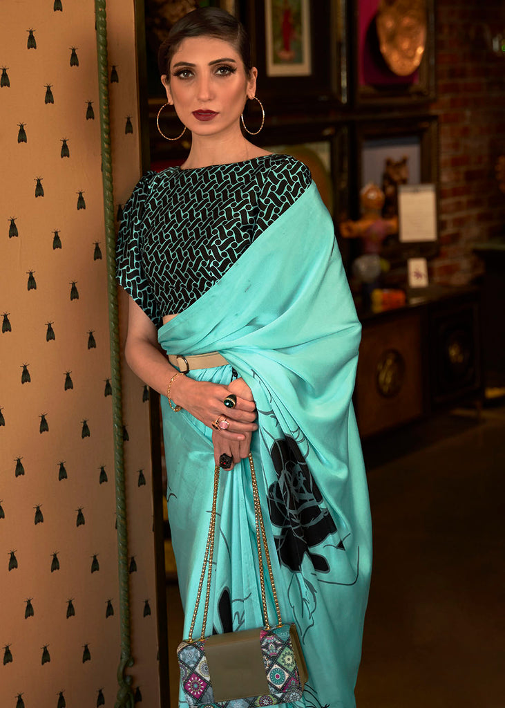 Turquoise Blue Designer Satin Crepe Printed Saree Clothsvilla