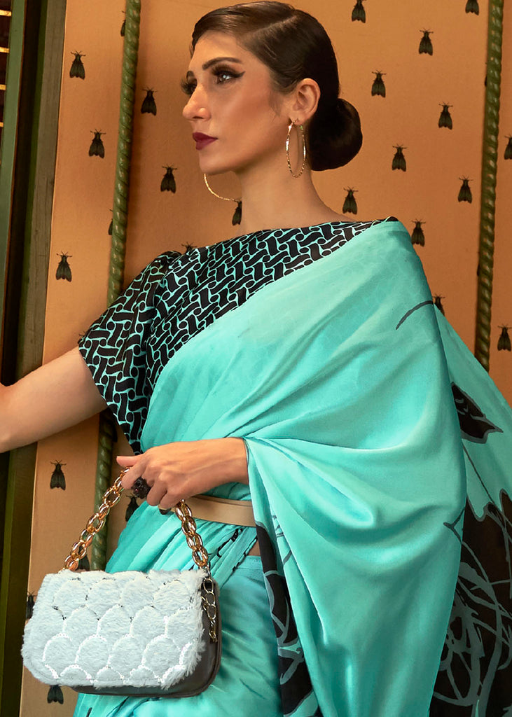 Turquoise Blue Designer Satin Crepe Printed Saree Clothsvilla