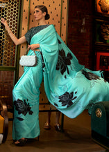 Load image into Gallery viewer, Turquoise Blue Designer Satin Crepe Printed Saree Clothsvilla