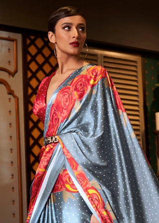 Lead Grey Designer Satin Crepe Printed Saree Clothsvilla