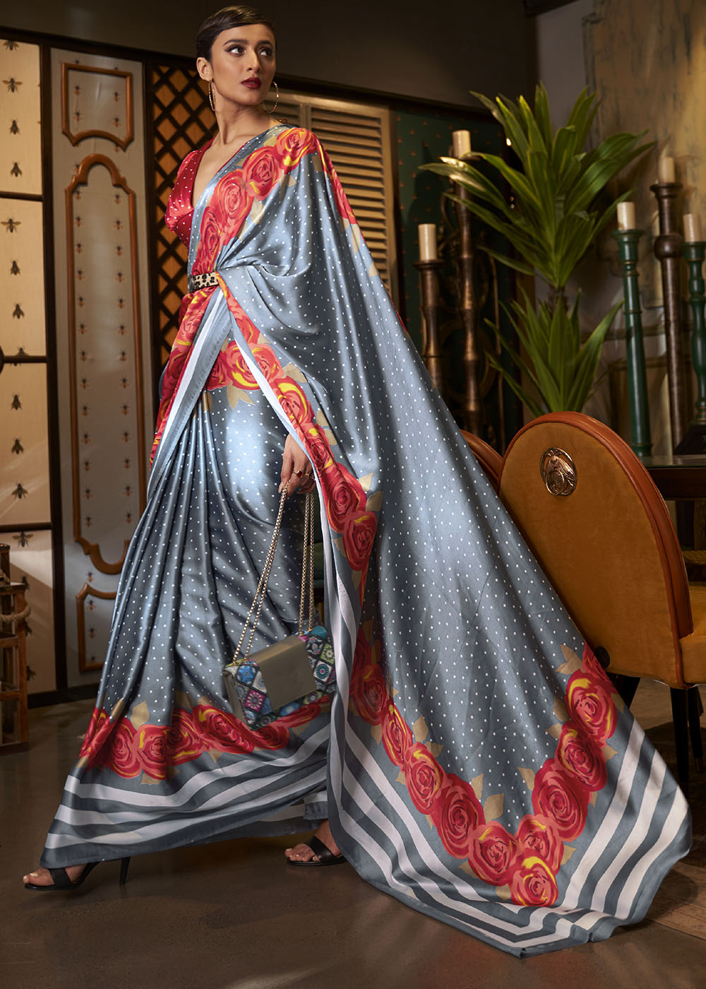 Lead Grey Designer Satin Crepe Printed Saree Clothsvilla
