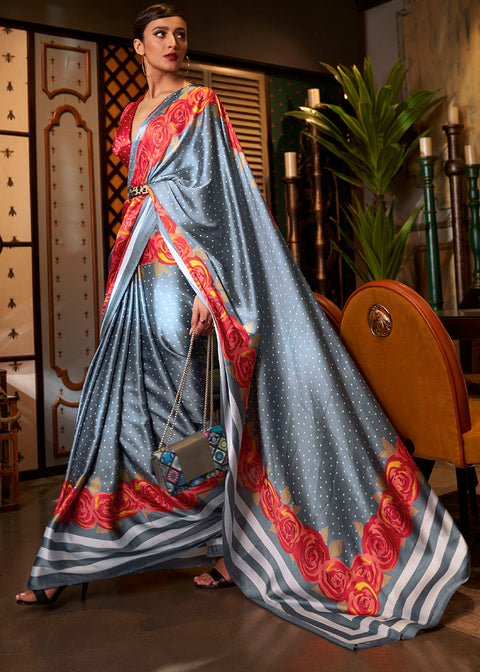 Lead Grey Designer Satin Crepe Printed Saree Clothsvilla Main image