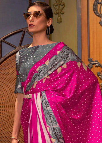 Hot Pink Designer Satin Crepe Printed Saree Clothsvilla