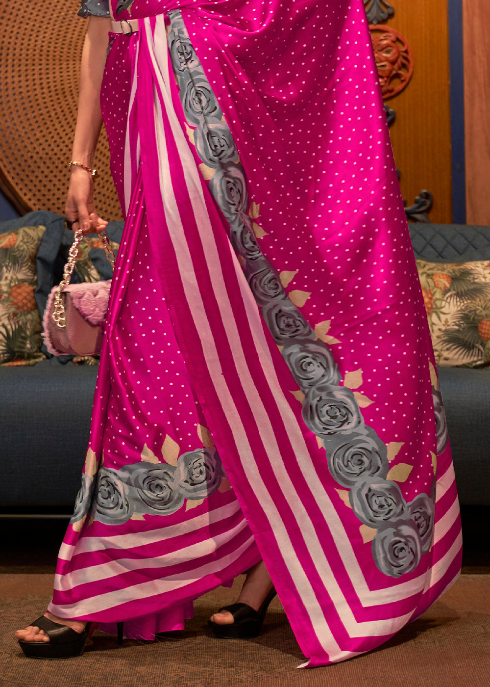 Hot Pink Designer Satin Crepe Printed Saree Clothsvilla