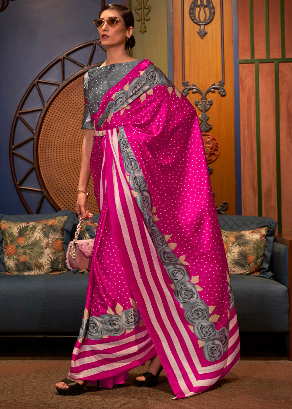 Hot Pink Designer Satin Crepe Printed Saree Clothsvilla Main image
