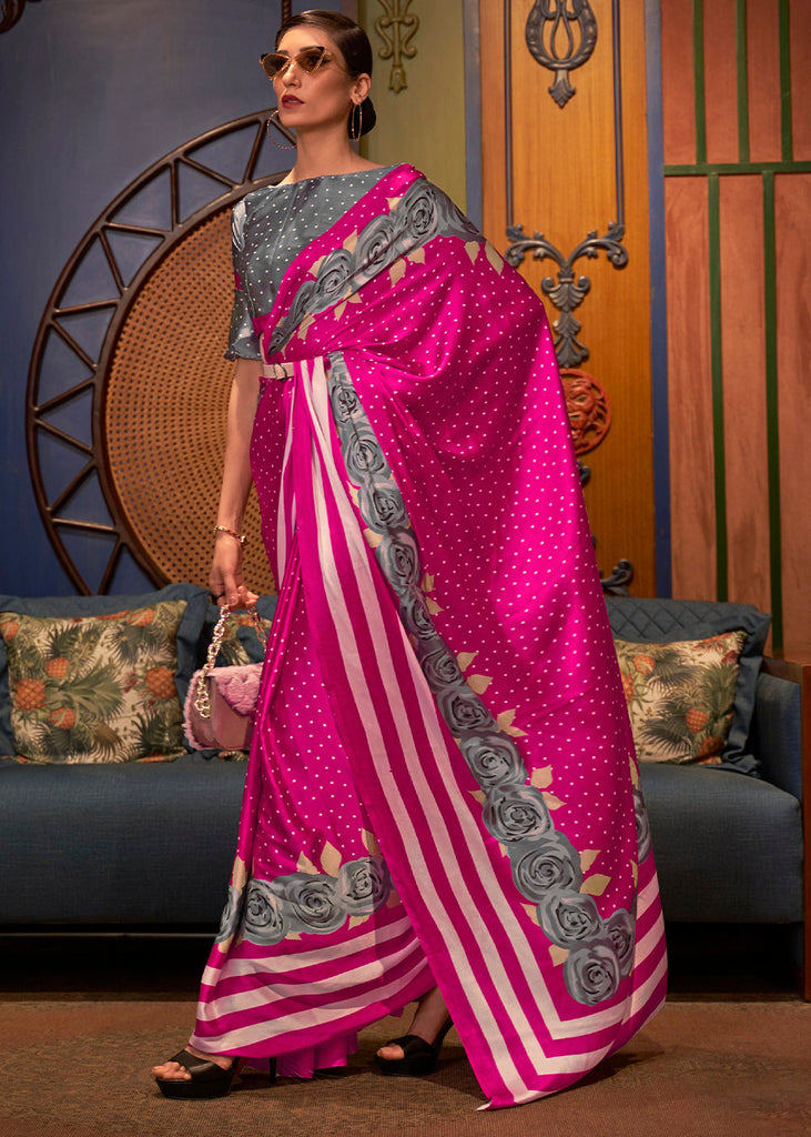 Hot Pink Designer Satin Crepe Printed Saree Clothsvilla