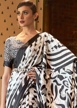 Load image into Gallery viewer, White &amp; Black Designer Satin Crepe Printed Saree Clothsvilla