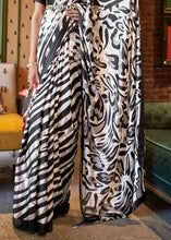 Load image into Gallery viewer, White &amp; Black Designer Satin Crepe Printed Saree Clothsvilla