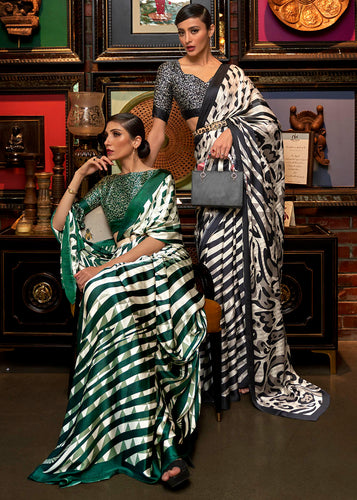 Green & White Designer Satin Crepe Printed Saree Clothsvilla