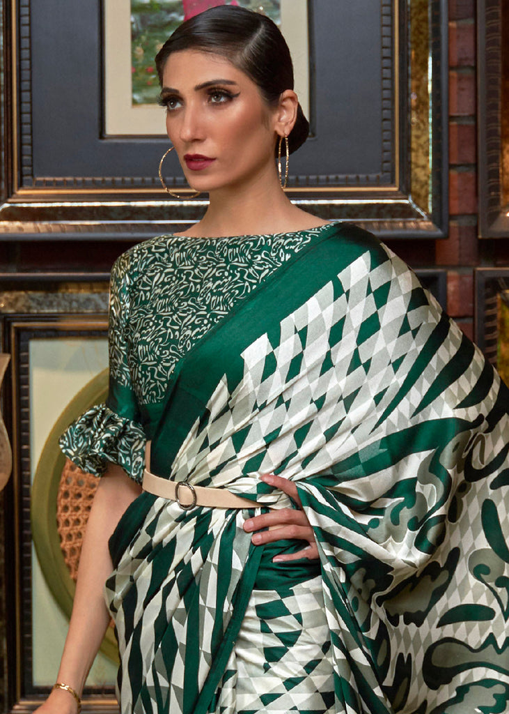 Green & White Designer Satin Crepe Printed Saree Clothsvilla