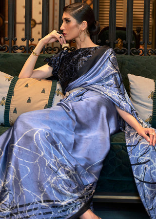 Steel Blue Designer Satin Crepe Printed Saree : Top Pick Clothsvilla