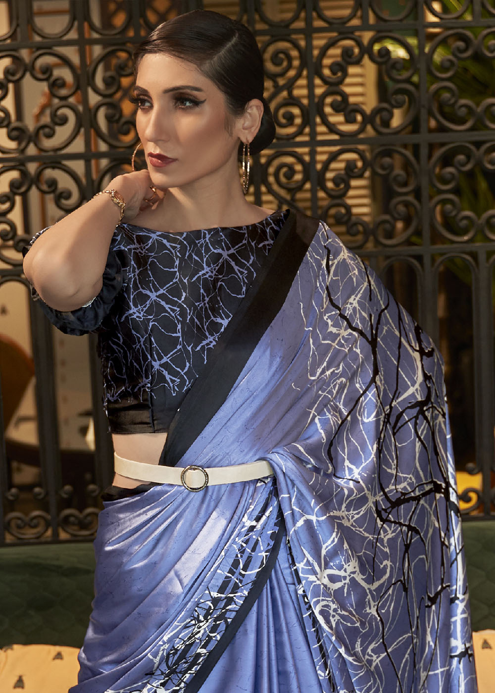 Steel Blue Designer Satin Crepe Printed Saree : Top Pick Clothsvilla