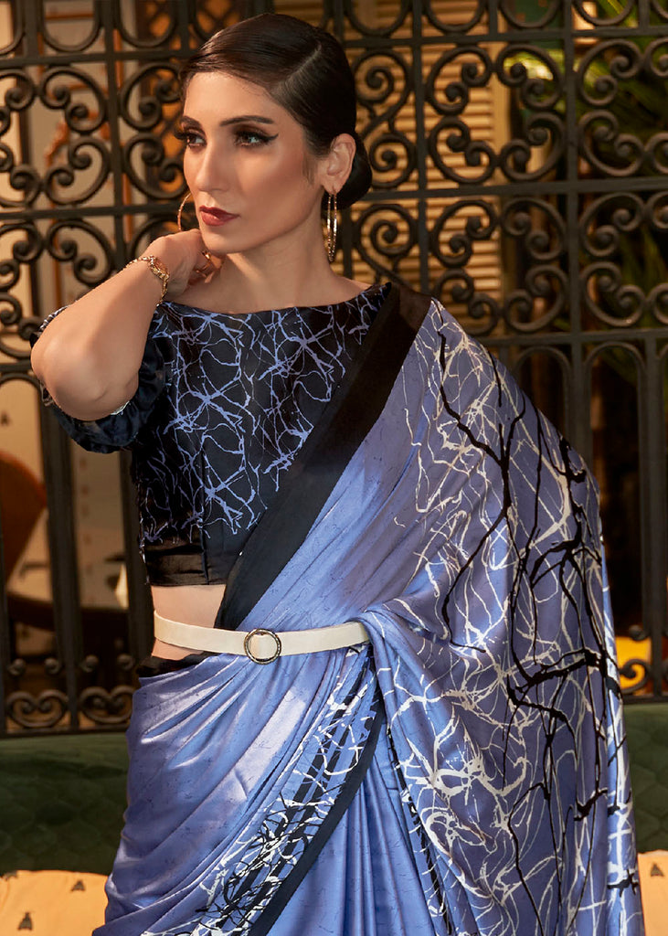 Steel Blue Designer Satin Crepe Printed Saree : Top Pick Clothsvilla