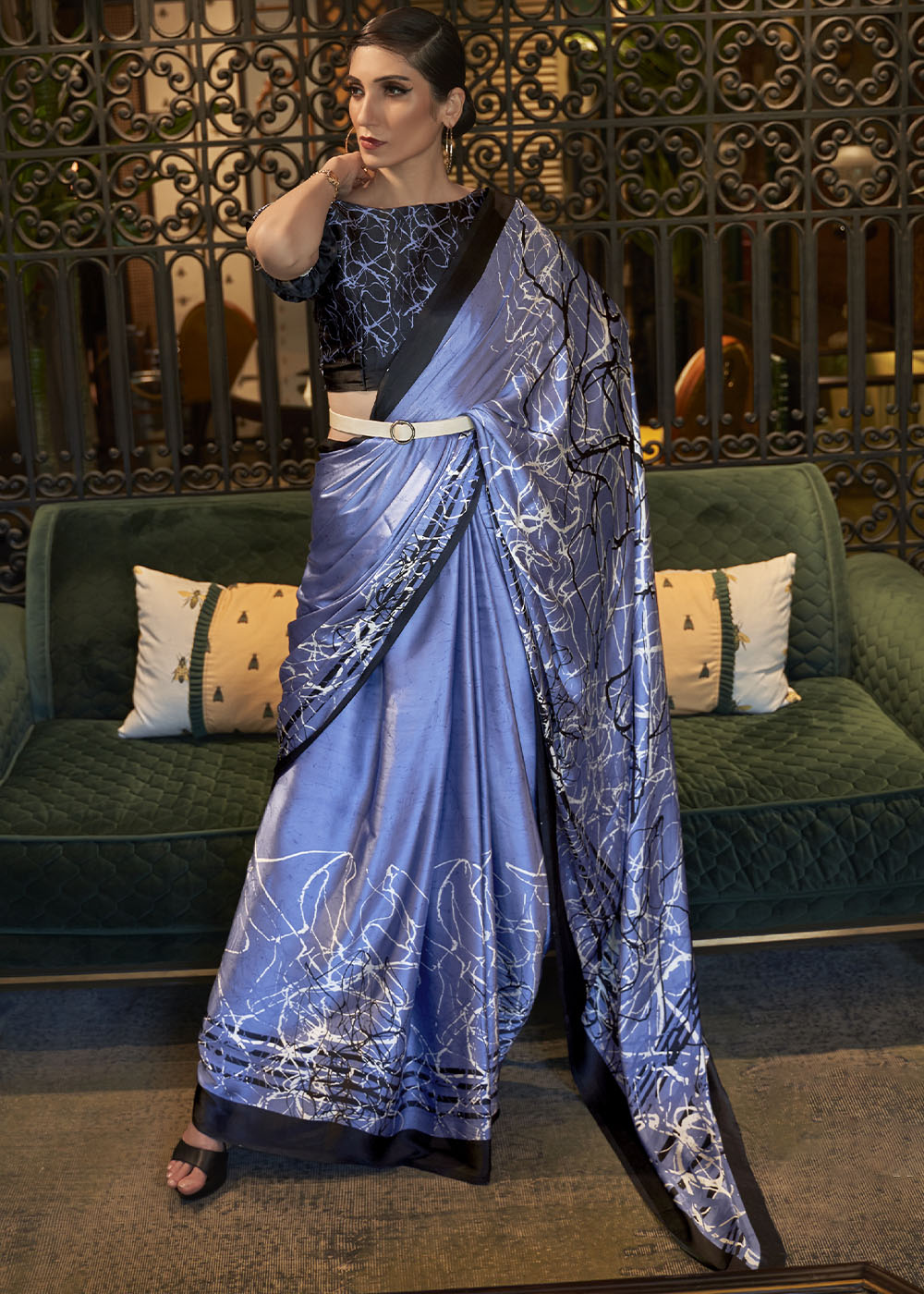 Steel Blue Designer Satin Crepe Printed Saree : Top Pick Clothsvilla