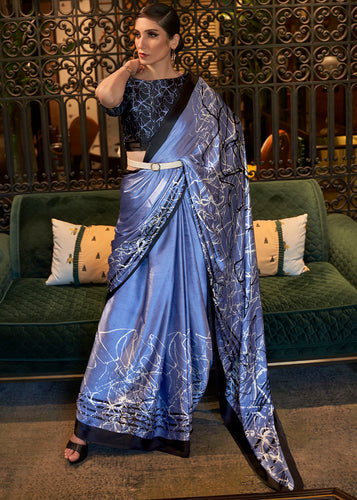 Steel Blue Designer Satin Crepe Printed Saree : Top Pick Clothsvilla