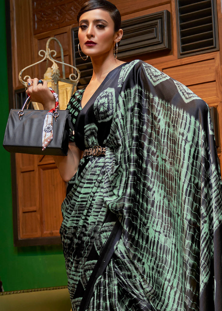 Green & Black Designer Satin Crepe Printed Saree Clothsvilla