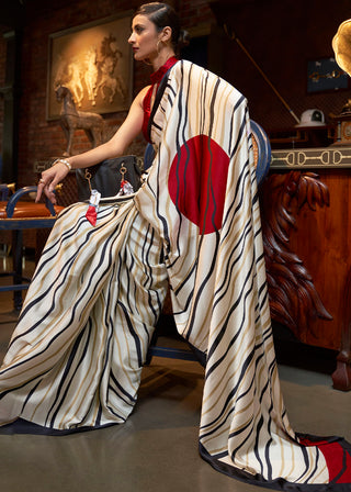 Daisy White Designer Satin Crepe Printed Saree : Top Pick Clothsvilla
