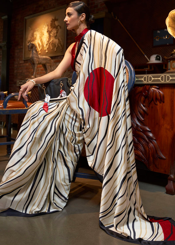 Daisy White Designer Satin Crepe Printed Saree : Top Pick Clothsvilla