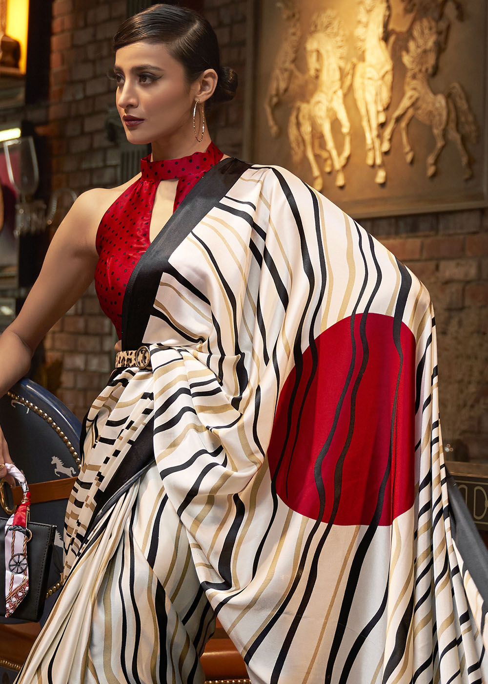 Daisy White Designer Satin Crepe Printed Saree : Top Pick Clothsvilla