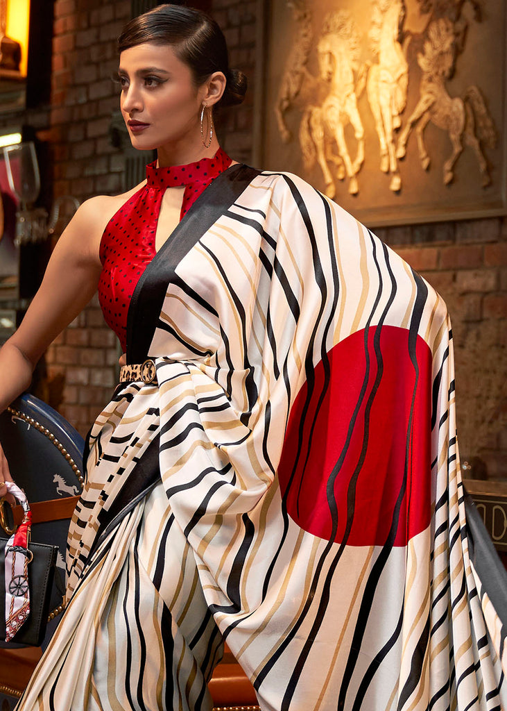 Daisy White Designer Satin Crepe Printed Saree : Top Pick Clothsvilla