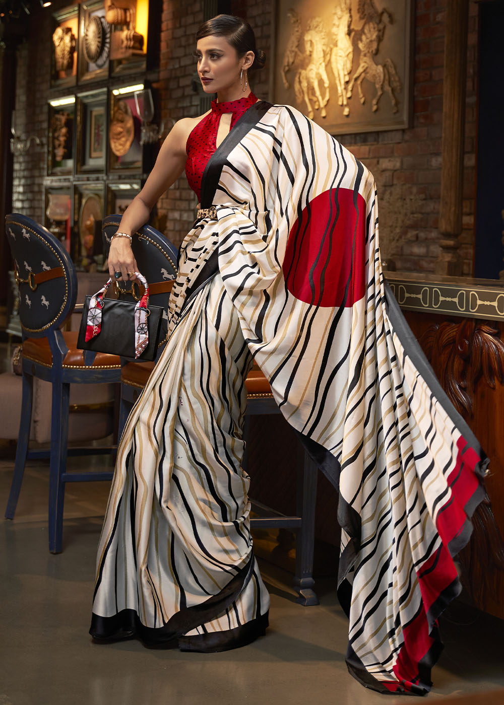 Daisy White Designer Satin Crepe Printed Saree : Top Pick Clothsvilla Main image
