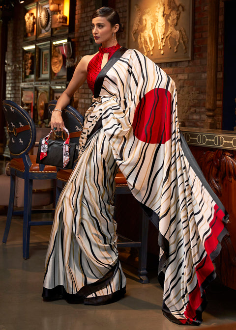 Daisy White Designer Satin Crepe Printed Saree : Top Pick Clothsvilla Main image